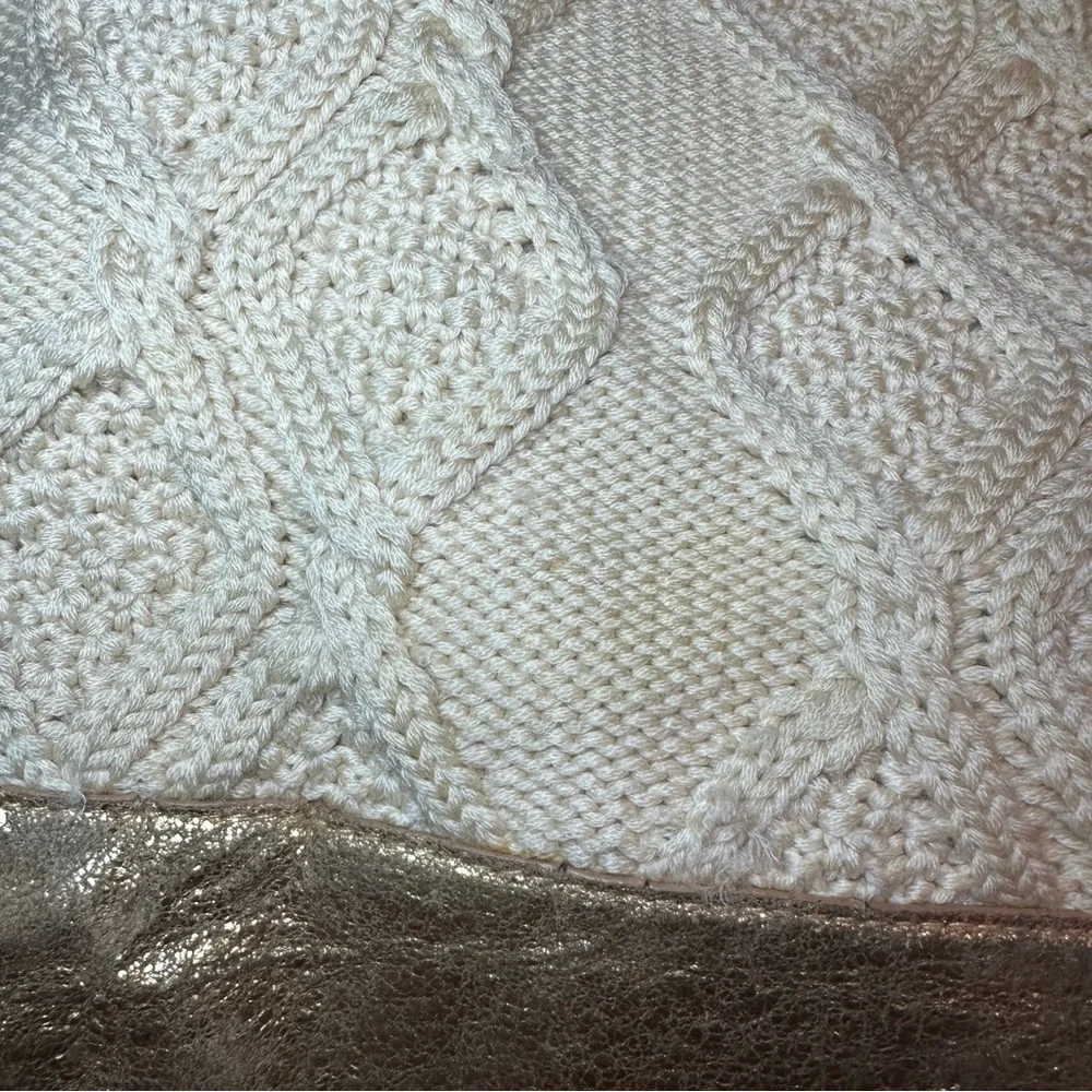 TORY BURCH Tote Bag Cable Knit METALLIC GOLD TRIM Wool Silk Lining Horse READ!